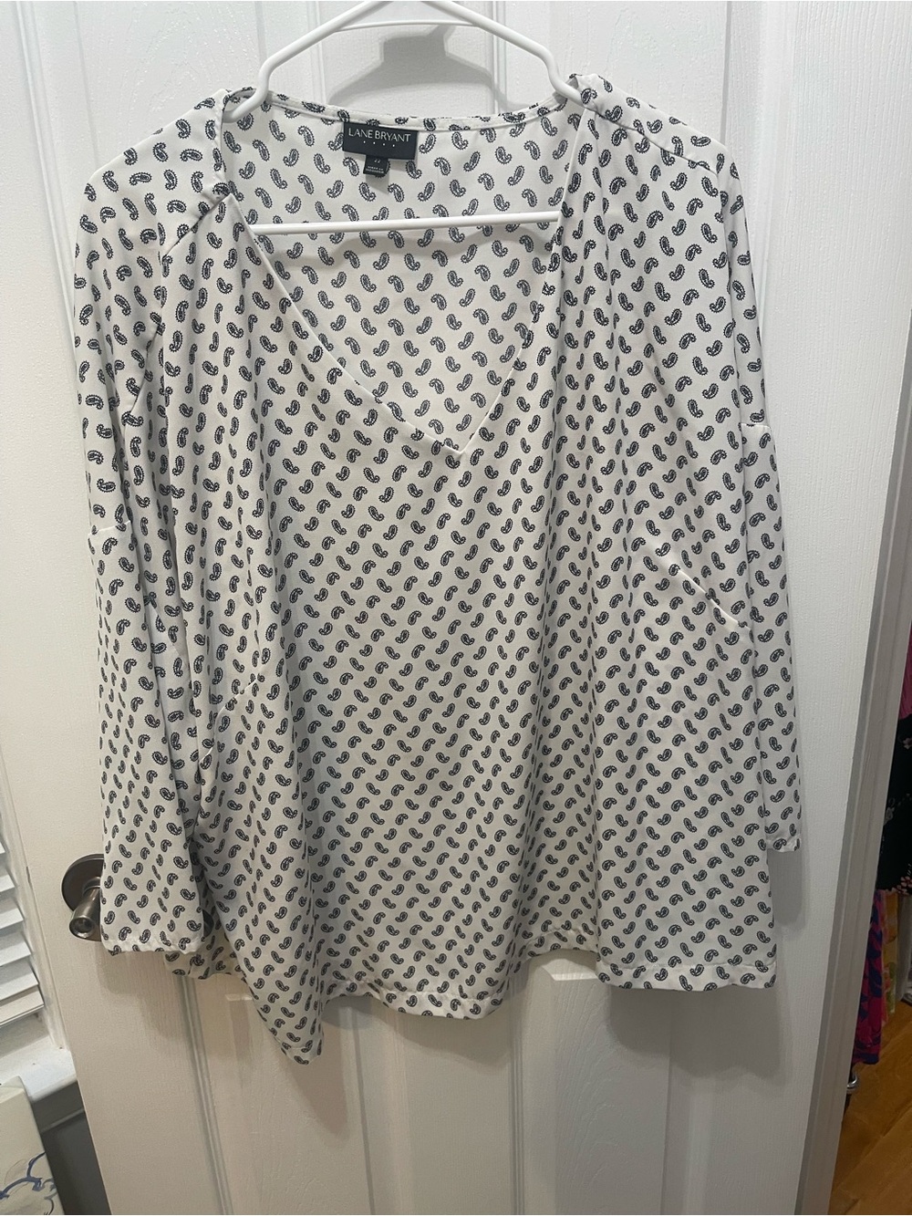 Lane Bryant White Blouse with Black Paisley Print